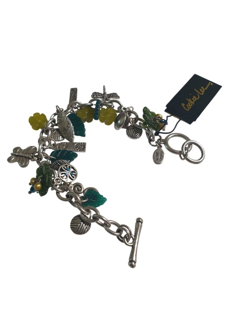 Cookie Lee Charm Bracelet Silver Tone Dangle Beads Nature Leaf Flower Metal NEW
